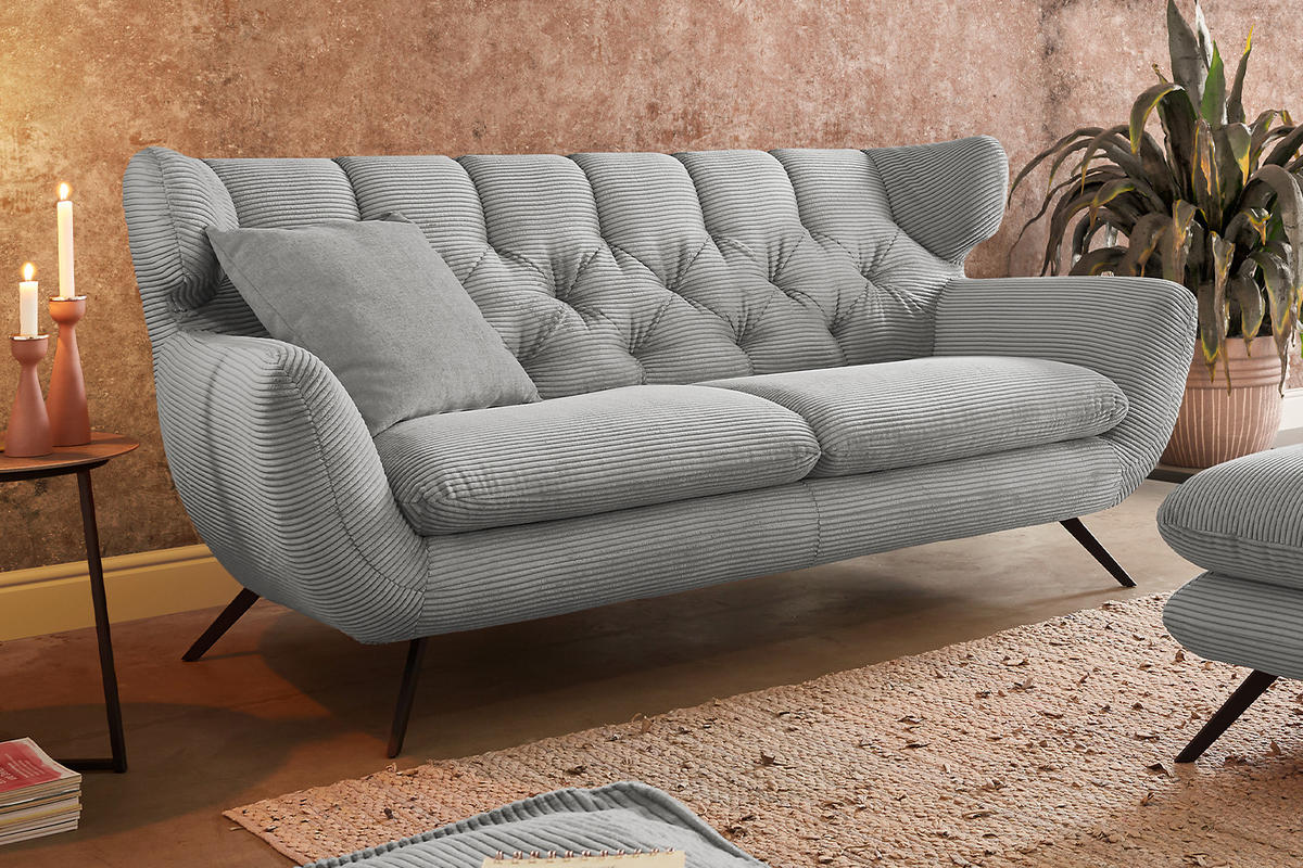 SOFA CHARME Grau Cord - Hellgrau/Schwarz, Textil/Metall (225/94/95cm) - KAWOLA