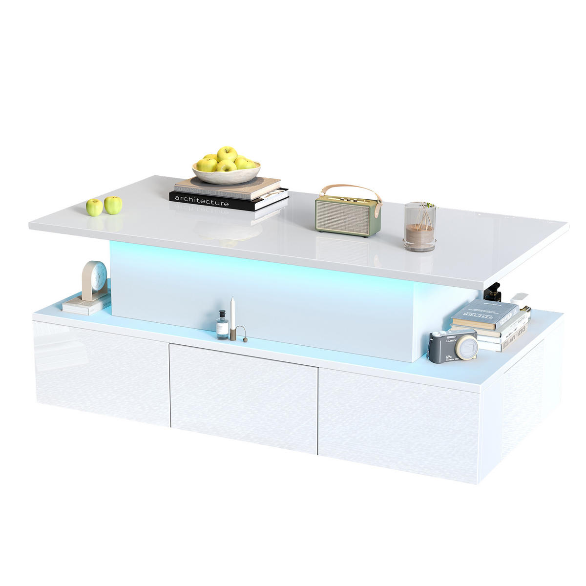 COUCHTISCH 100/50/40 cm weiß aus MDF mit Liftfunktion LED und 4 Schubladen - Weiß, Holzwerkstoff (100/50/40cm) - OKWISH