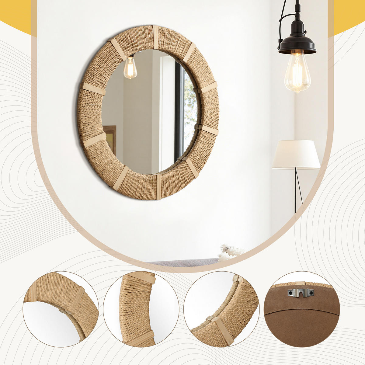 53CM Runder Wandspiegel mit Rahmen aus Tannenholz und Papierkordel Geeignet für Badezimmer, Wohnzimmer, Schlafzimmer usw. - Hellbraun/Beige, Glas/Holz (53/3/53cm) - Hometopia