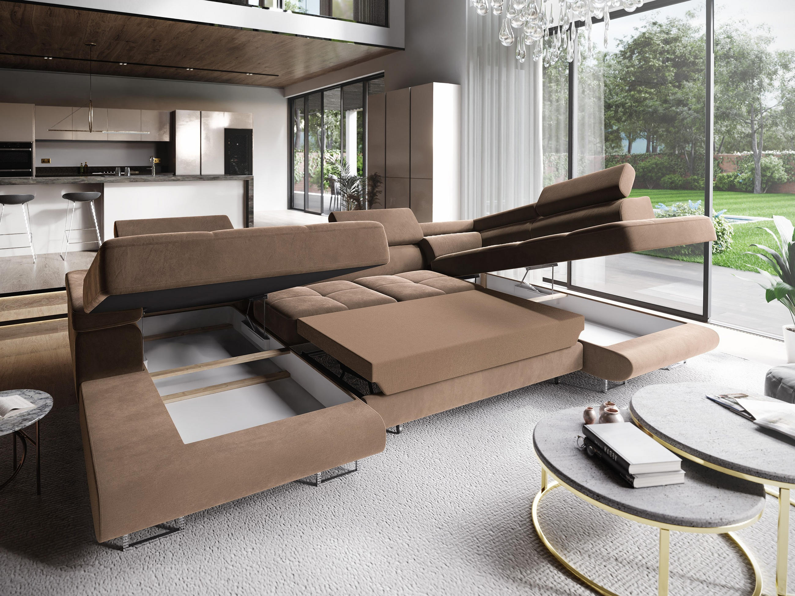 WOHNLANDSCHAFT CASONE R-S Beige Velours-Stoff mit Schlaffunktion - Beige, Holz (345/90/202cm) - MASSENO