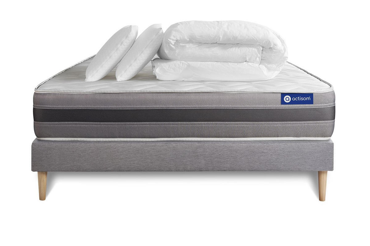 BETT Actiflex relax Taschenfederkern und Memory-Schaum 180 x 200 cm h1 - Kit Bettgestell Grau - Mit Kissen und Bettdecke - Beige/Grau, Holz/Textil (180/200cm) - ACTISOM