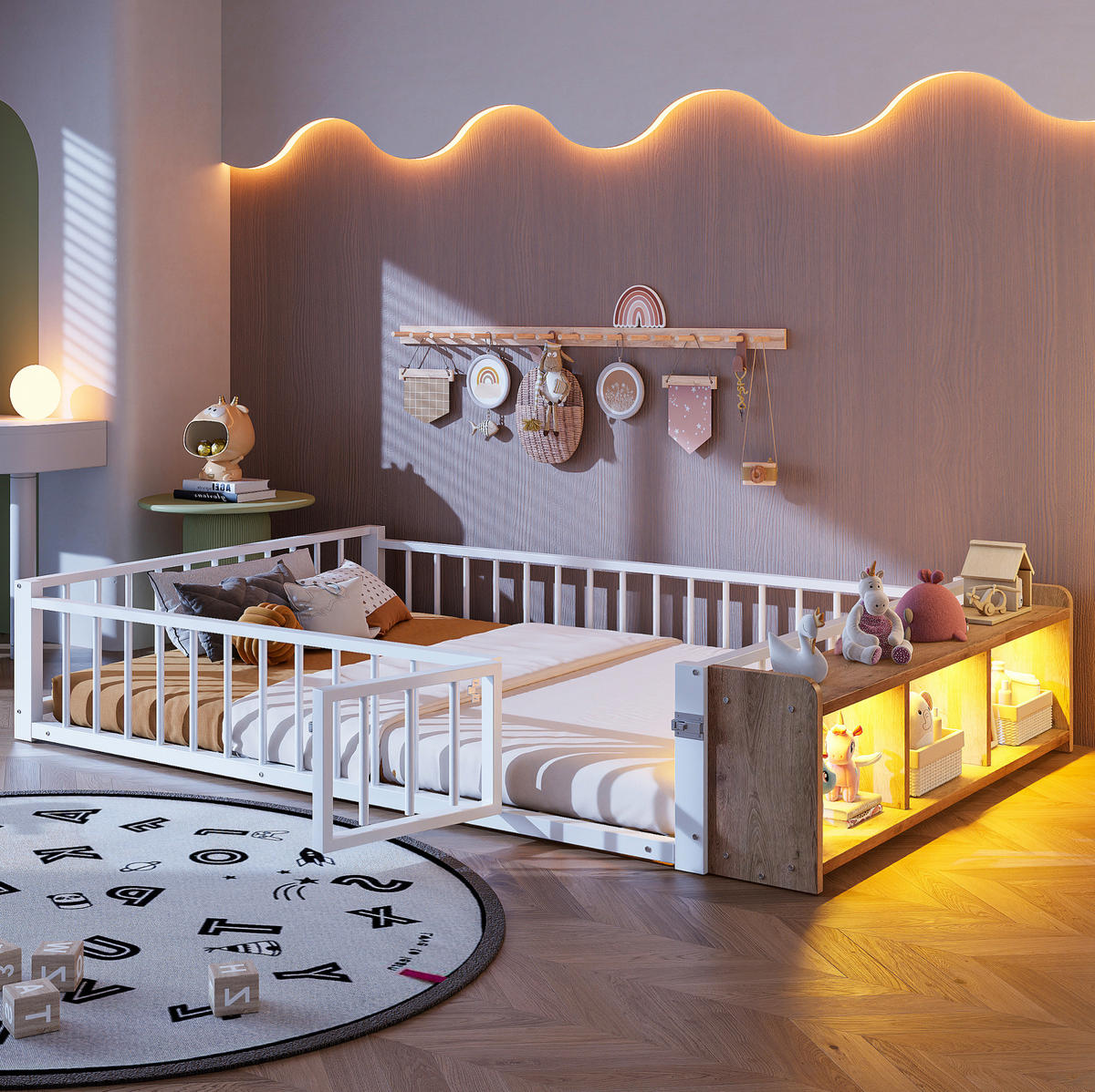 KINDERBETT 140/200 cm, Weiß mit Schutzgeländer und Stauraum - Weiß, Metall (140/200cm) - MIVRAY