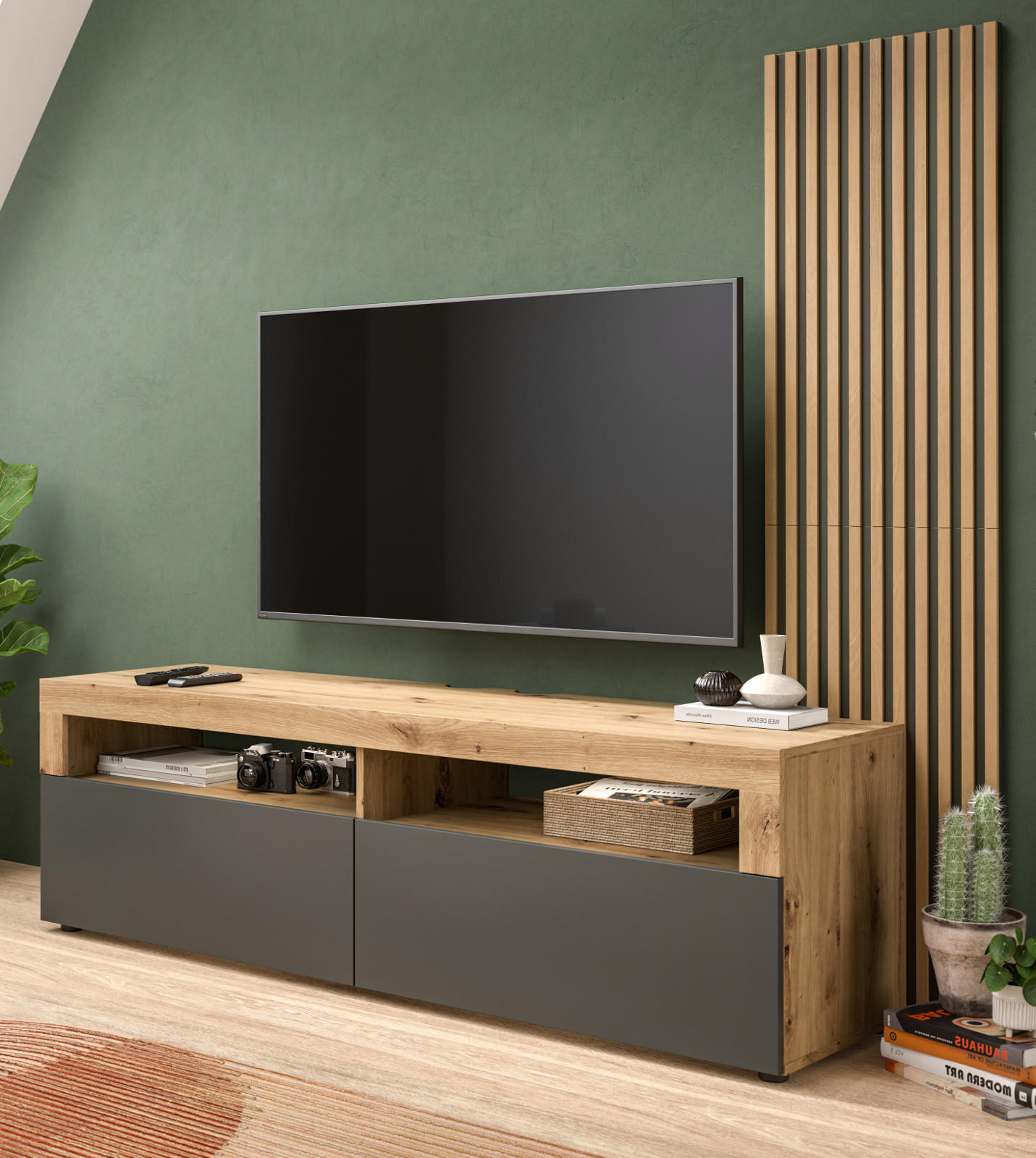 TV-LOWBOARD Eiche Artisan, grau 160 cm mit Akustikpaneelen - Schwarz/Eiche Artisan, Holzwerkstoff/Kunststoff (160/90/45cm) - Inn.Furn
