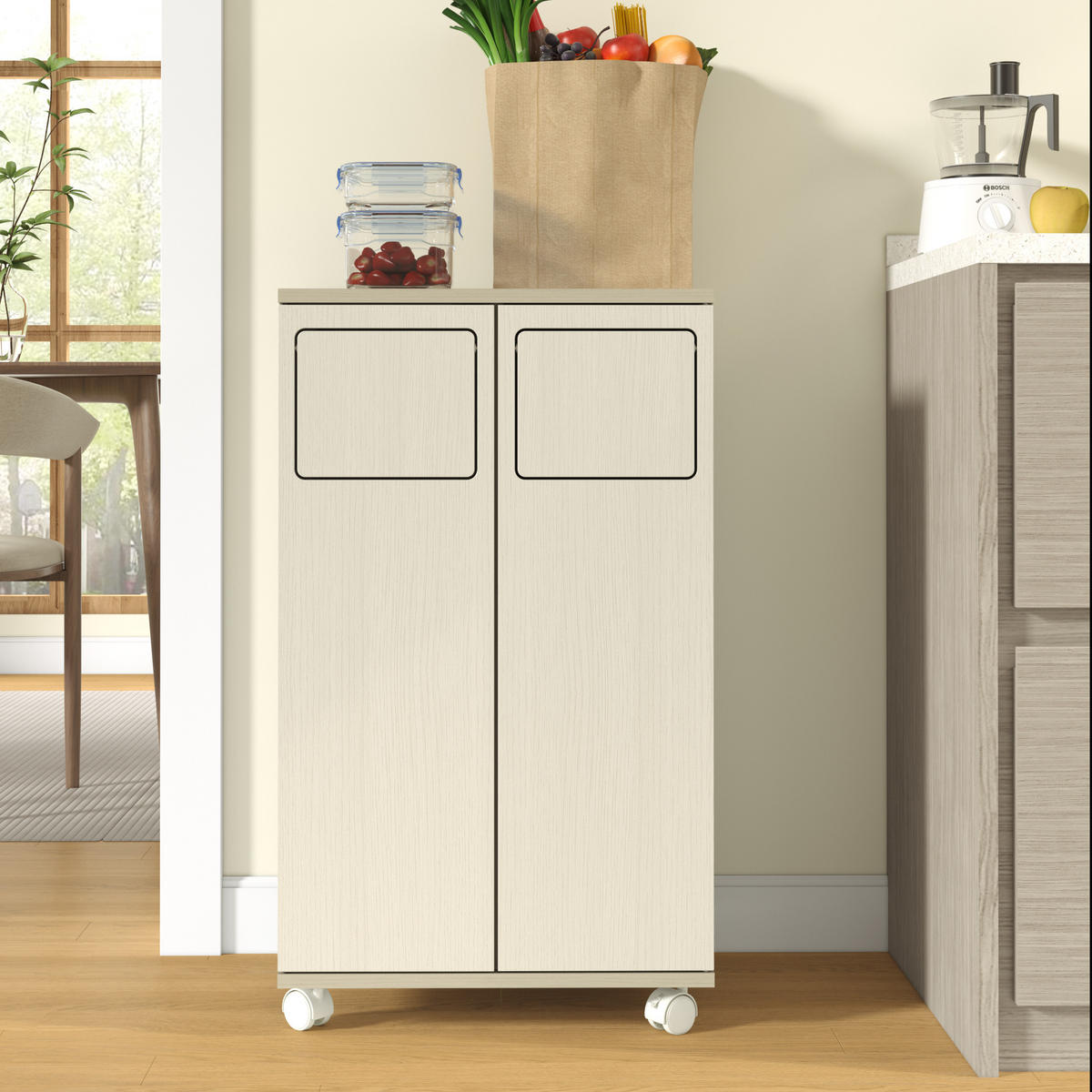 MÜLLSCHRANK DE-38851 46,7/35/80 cm 2 Fächer und Rollen Creme - Creme, Holzwerkstoff (46.7/80/35cm) - ComfortXL
