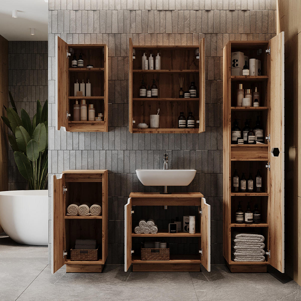 BADMÖBEL-SET Lotta Eiche/weiß gestreift 4 Teile - Eichefarben/Weiß, Holzwerkstoff (59.8/62.1/32cm) - Vicco