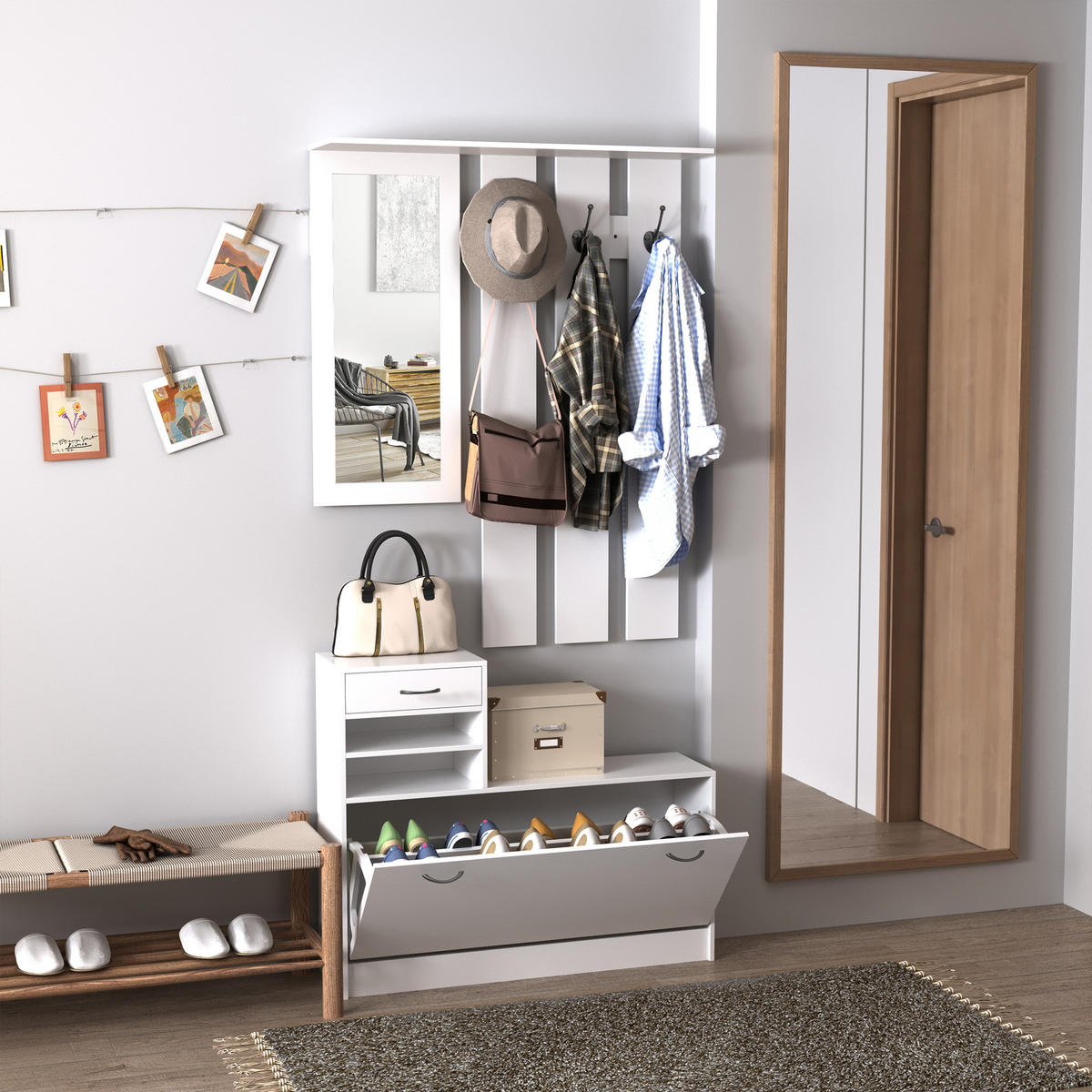 GARDEROBE DE-16826 3-in-1 mit Spiegel & 6 Haken Weiß - Weiß, Holzwerkstoff (22/116/90cm) - ComfortXL