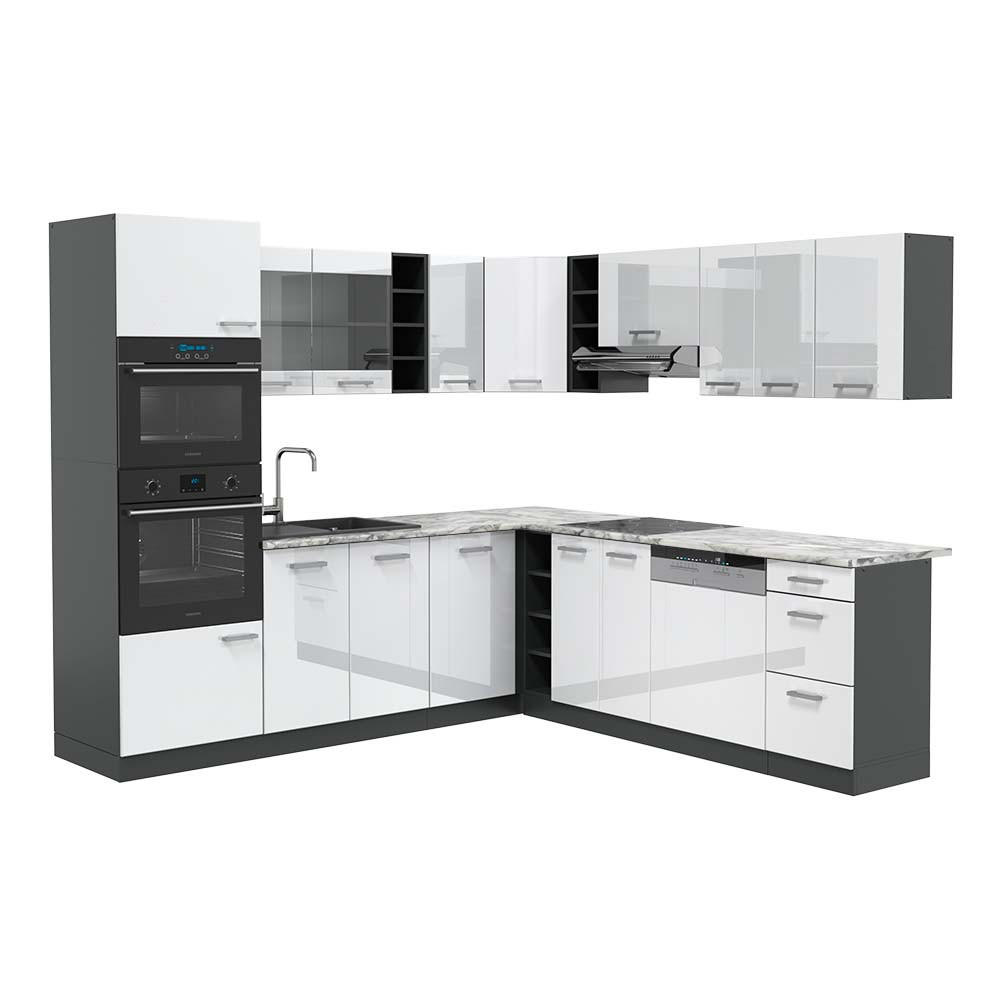 ECKKÜCHE R-Line Weiß Hochglanz/Anthrazit 237 x 247 cm, AP Marmor - Weiß Hochglanz/Anthrazit, Holzwerkstoff (247/81.6/60cm) - Vicco