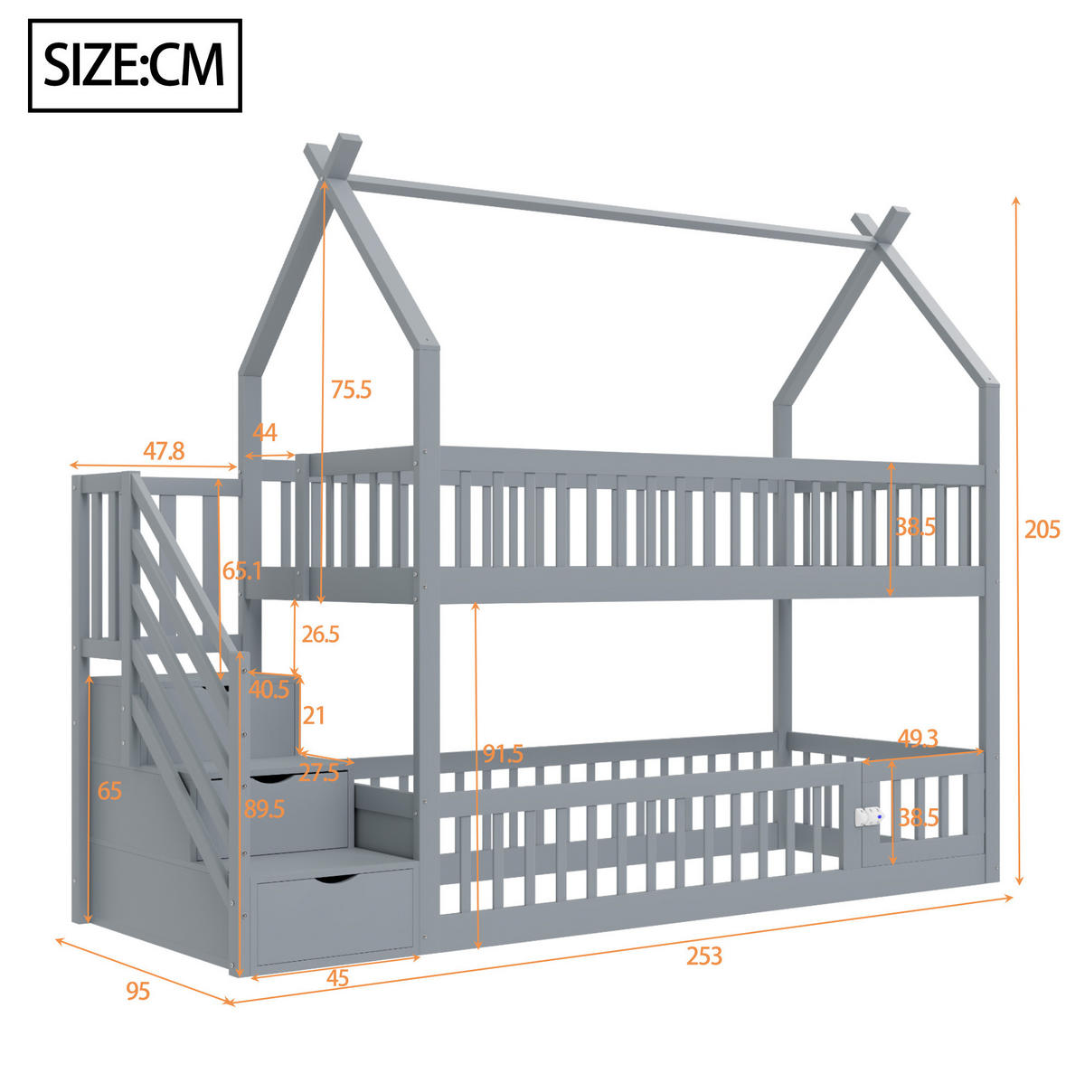 POSCHODOVÁ posteľ 90/200 cm sivá s úložnými schodmi a strechou z masívneho dreva - sivá, drevo (90/200cm) - OKWISH