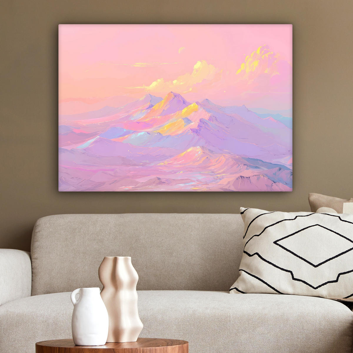 LEINWANDBILD Berggipfel - Wolken - Verträumt Wandbilder 80x60 cm - Hellrosa, Textil (80/60cm) - MuchoWow