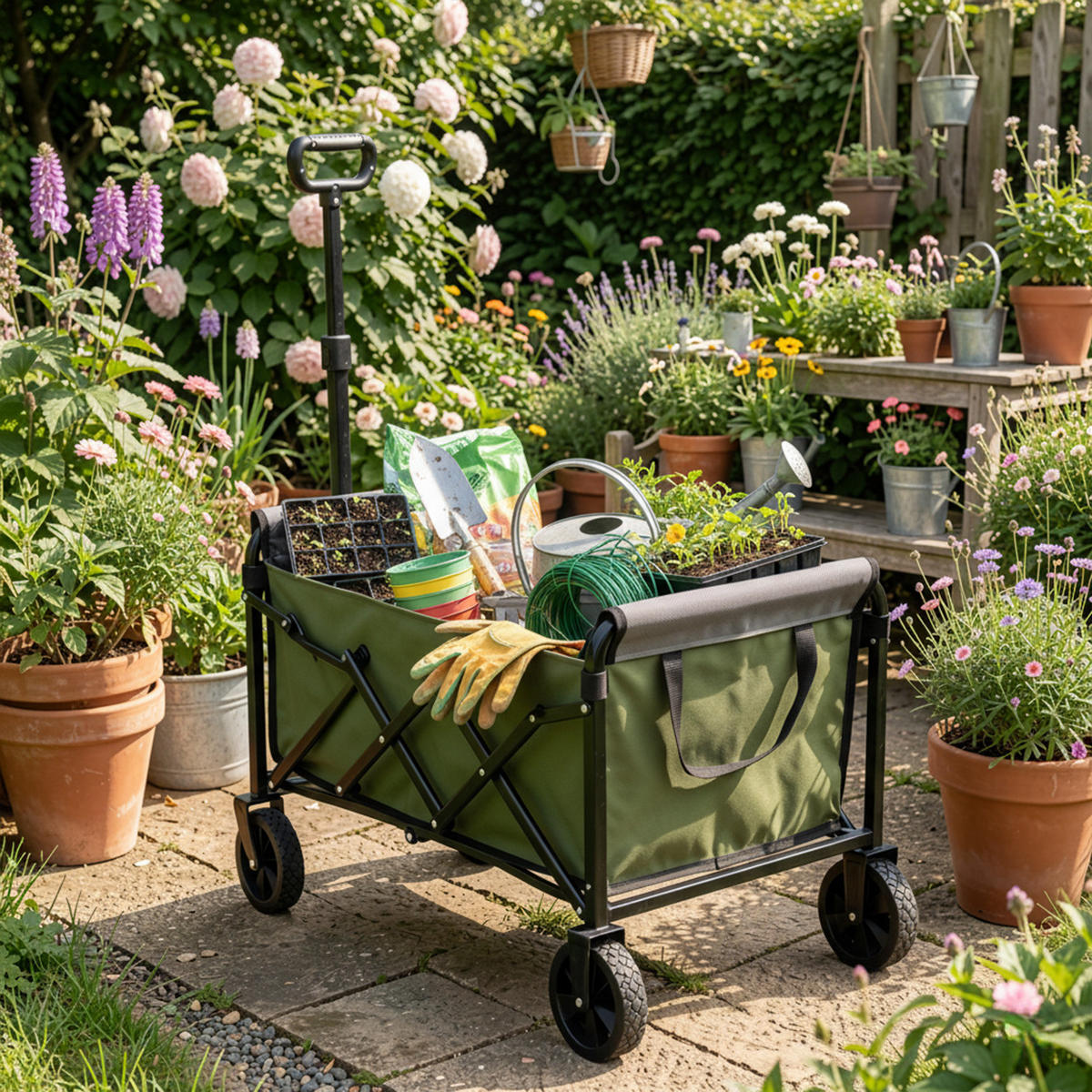 GARTENWAGEN Leichter 66 cm Army Grün – Klappbarer Outdoor Transportwagen mit All-Terrain Rädern - Grün, Metall (66/45/41cm) - Urban Meuble