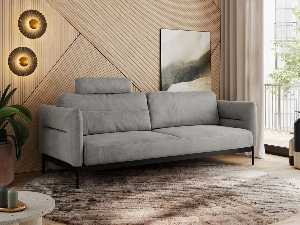 SOFA SALENTO Hellgrau Velvet - Hellgrau/Schwarz, Textil/Metall (221/82/101cm) - MKS