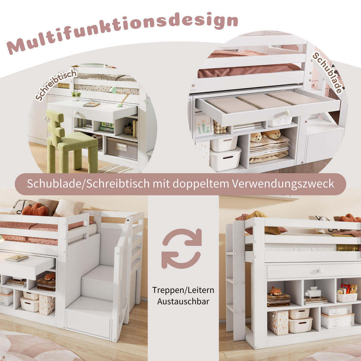 KINDEREINZELBETTEN aus Massivholz 90x200 cm in Weiß mit Treppe & Stauraum - Weiß, Holz (90/200cm) - Modfu