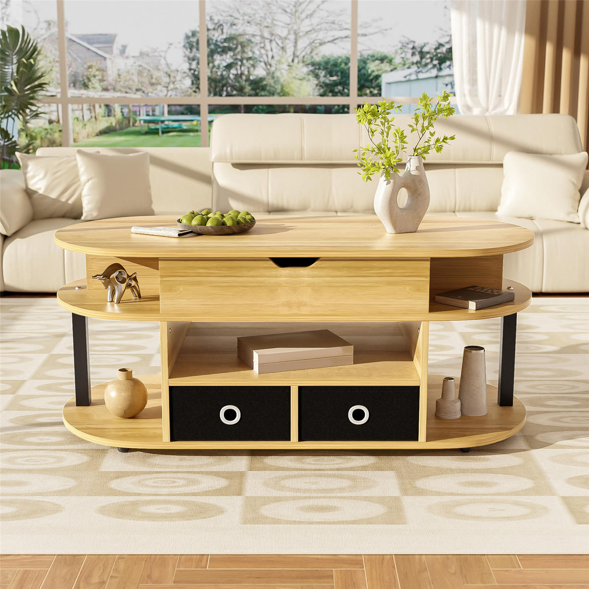 COUCHTISCH Lift-Top Holz Stoffschubladen Stauraum - Naturfarben, Holz (105/50/60cm) - Kaket