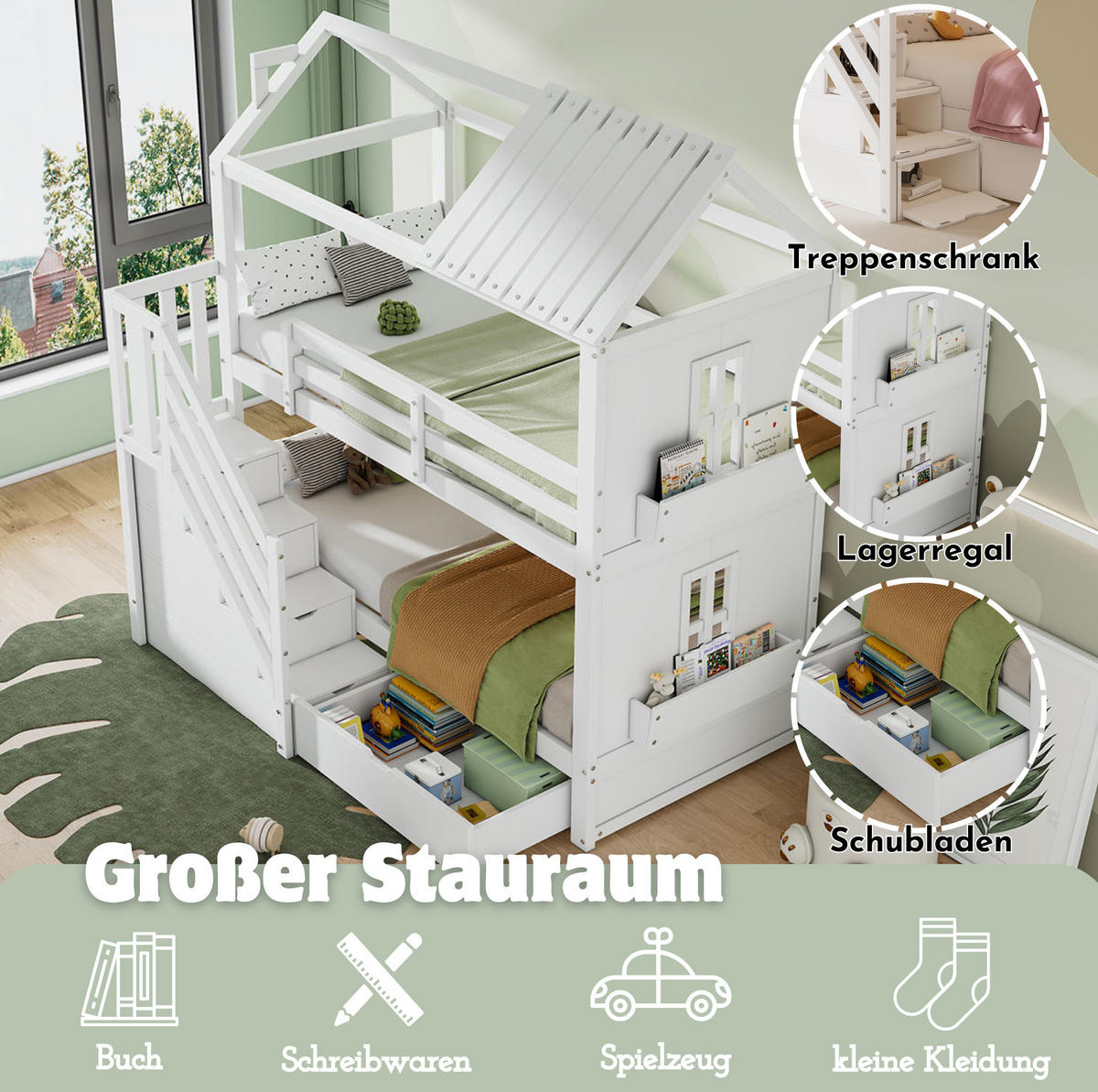 HAUSBETT 90/200 cm in Weiß mit Stauraumtreppe, Schubladen und Regalen - Weiß, Holz (90/200cm) - Flora Grace