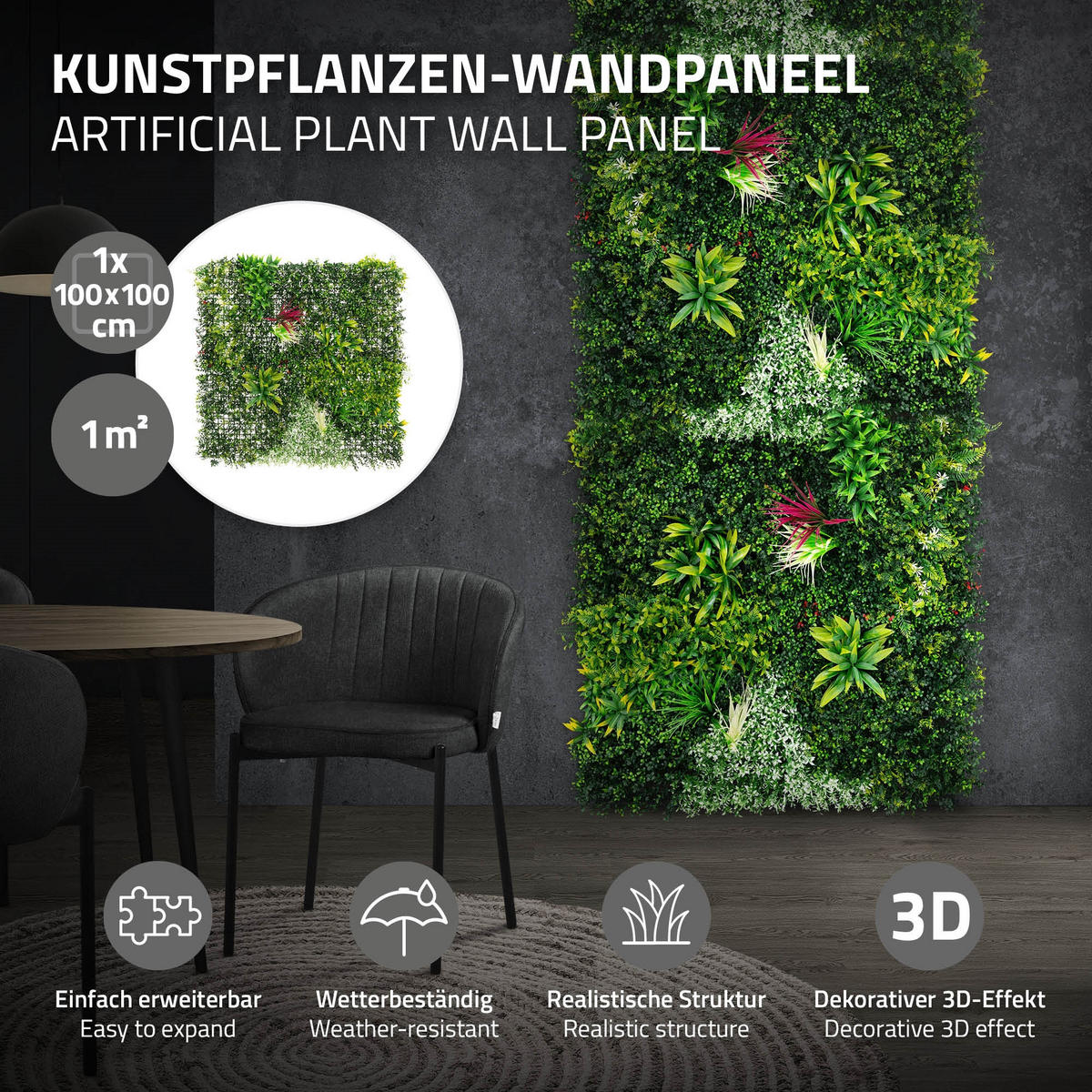 KUNSTPFLANZEN WANDPANEEL Tropical Glow 100x100 cm Grün aus Kunststoff - Dunkelgrün, Kunststoff (100/100/16cm) - ECD-Germany
