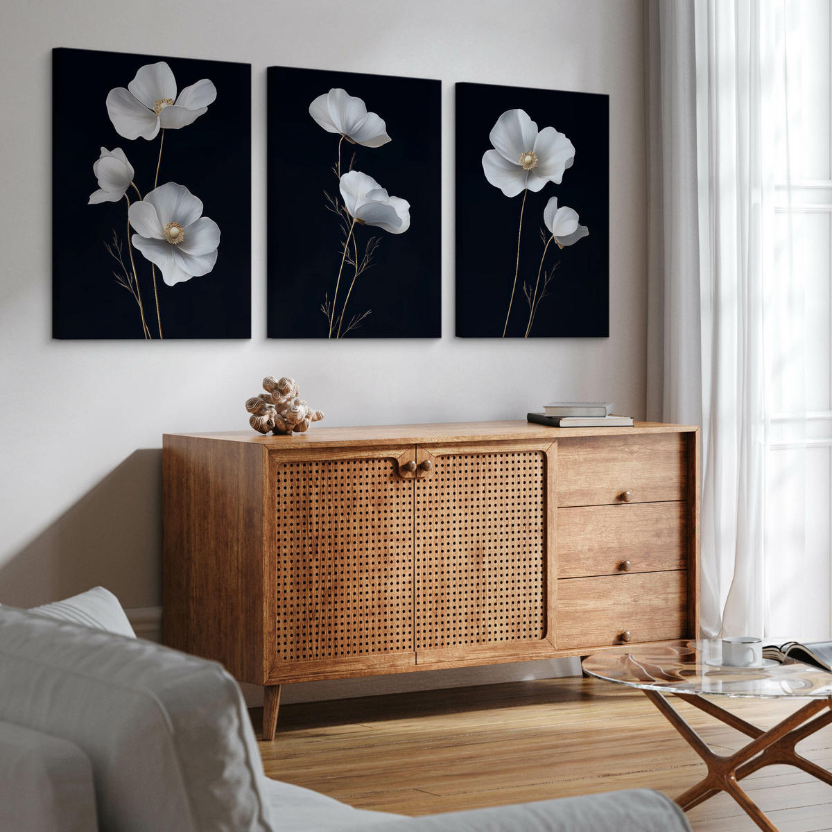 LEINWANDBILDER 3-es Set Feldblumen Natur - Beige/Schwarz, Textil (90/40cm) - Muralo