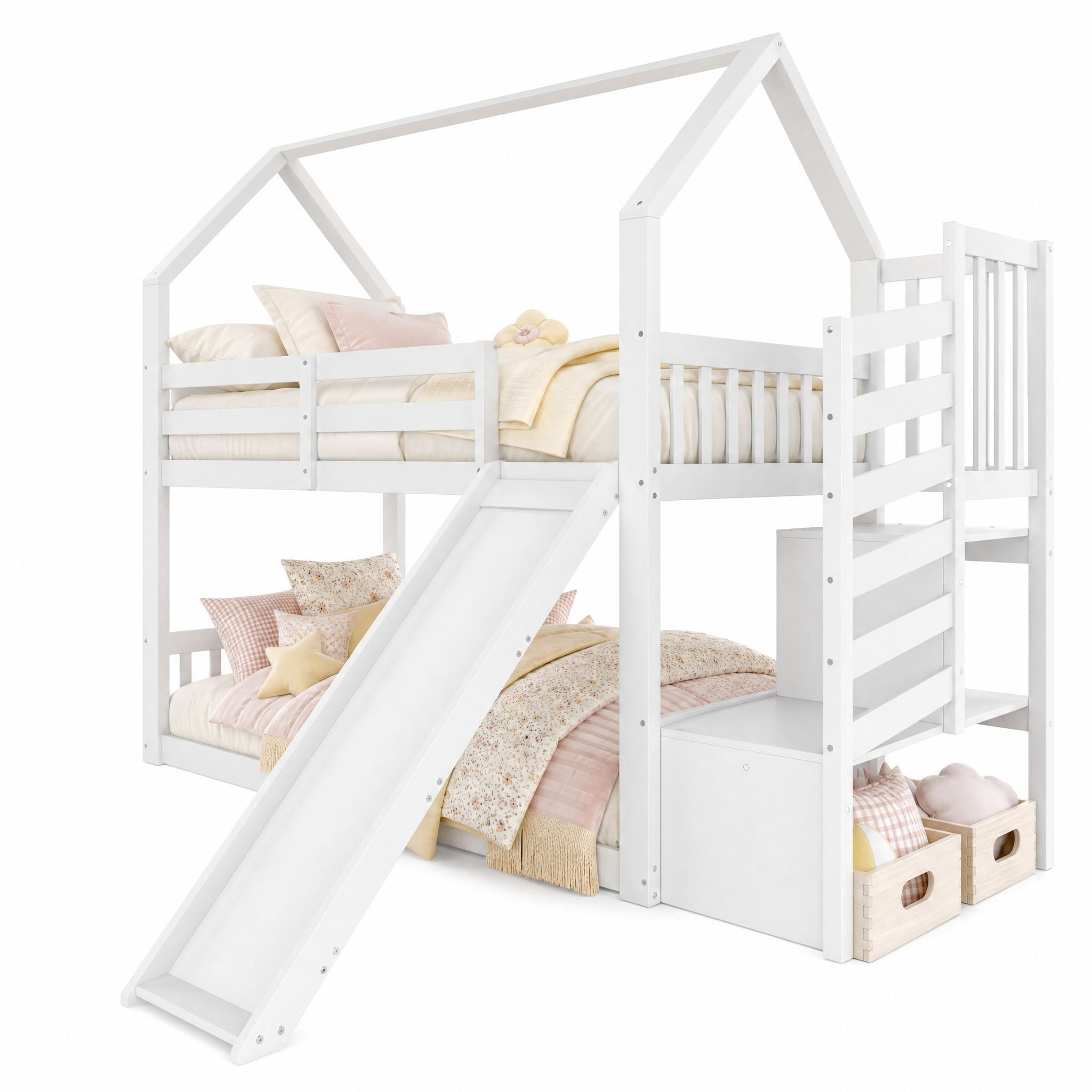 ETAGENBETT 90/200 cm in Weiß Hausbett mit Stauraumtreppe und Rutsche - Weiß, Holz (90/200cm) - STILVORA