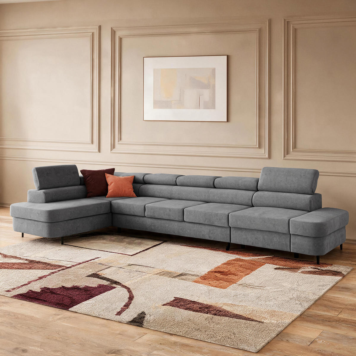 ECKSOFA PRIAM XXL L-Form Links mit Schlaffunktion 125x265 Velours Grau - Schwarz/Grau, Holz/Textil (203/420cm) - Muffo