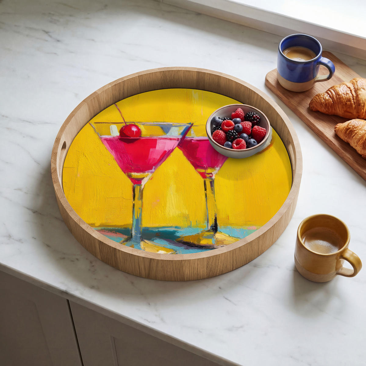 SERVÍROVACÍ PODNOS Sklenice - Koktejl - Citron - Třešeň 40x40 cm - žlutá, dřevo (40/5/5cm) - OnlyWow