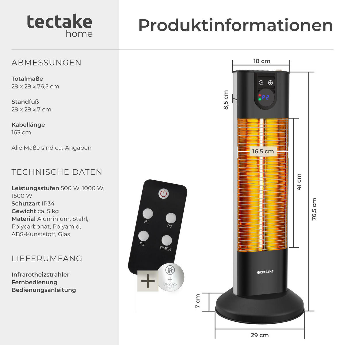 INFRAROTHEIZSTRAHLER Solaris Terra, 29 x 29 x 76,5 cm, schwarz - Schwarz, Metall (29/76.5/29cm) - tectake