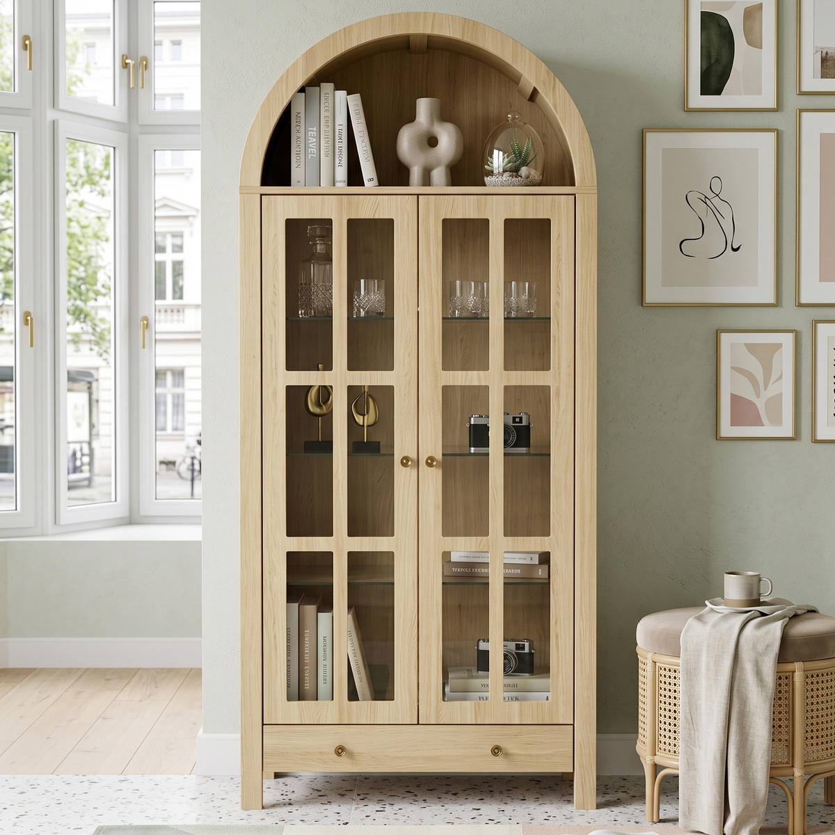 HIGHBOARD Bogen-Design Holzoptik mit Acryl-Türen & Schublade - Naturfarben, Holzwerkstoff (75/170.5/35cm) - Urban Meuble