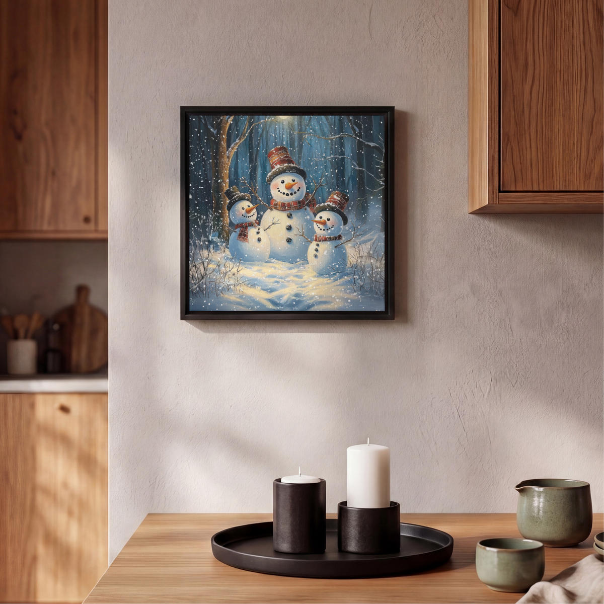 LEINWAND Bilder mit Rahmen - Schneemann - Schnee - Winter - Wald - 20x20 - Hellblau, Textil (20/20cm) - MuchoWow
