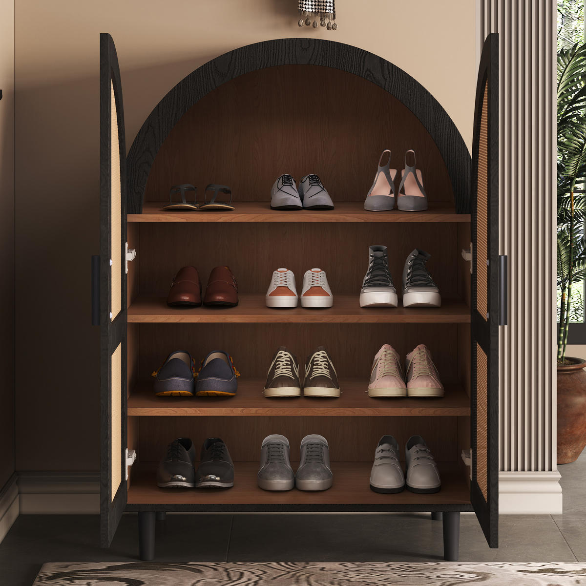 SCHUHSCHRANK für 12–15 Paar Schuhe, mit Rattantüren und Metallbeinen, 70/40/100 cm, Schwarz und Holz - Naturfarben, Holzwerkstoff (70/40/100cm) - Redom