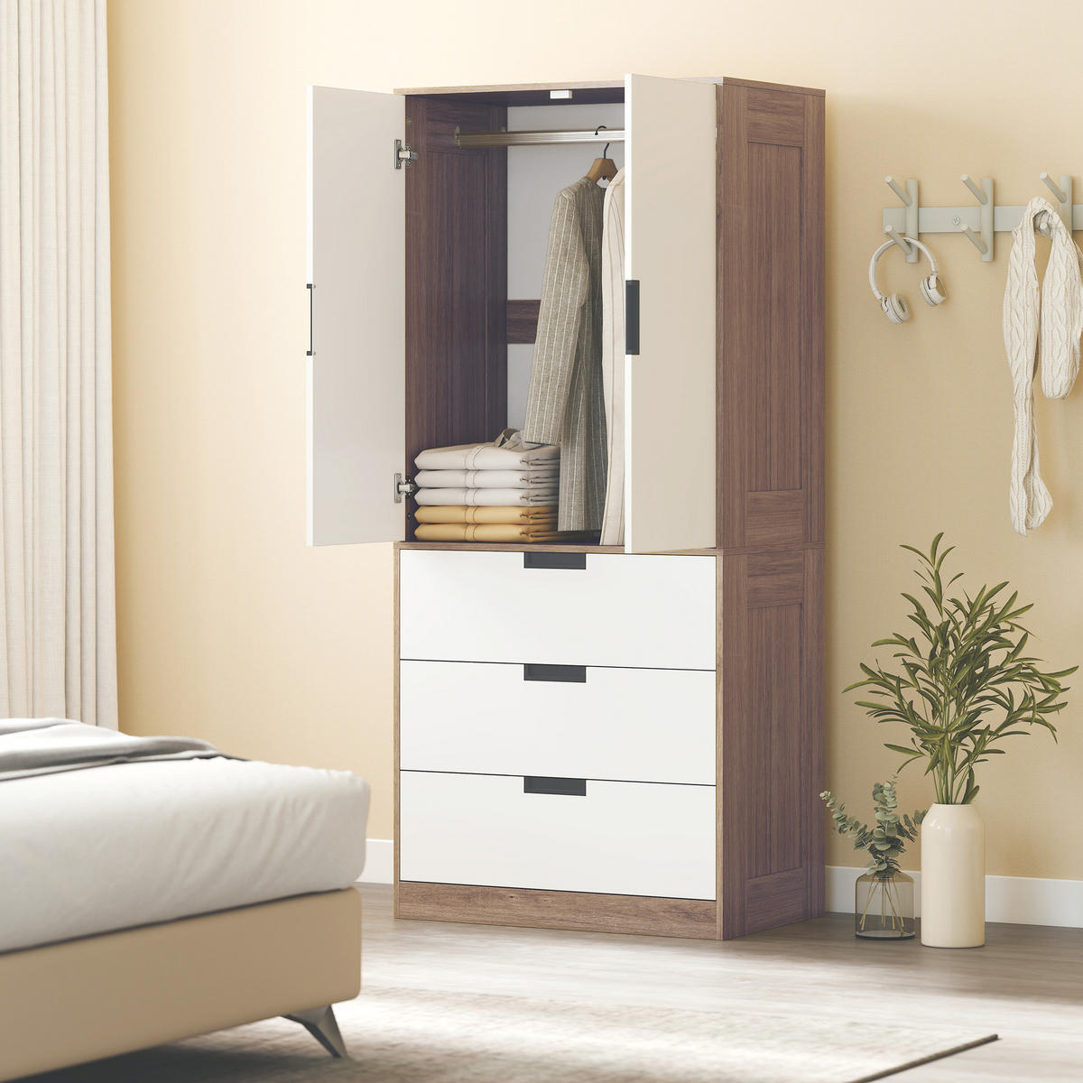 KLEIDERSCHRANK DE-17182 3 Schubladen & Kleiderstange Braun - Braun, Holzwerkstoff (50/180/80cm) - ComfortXL