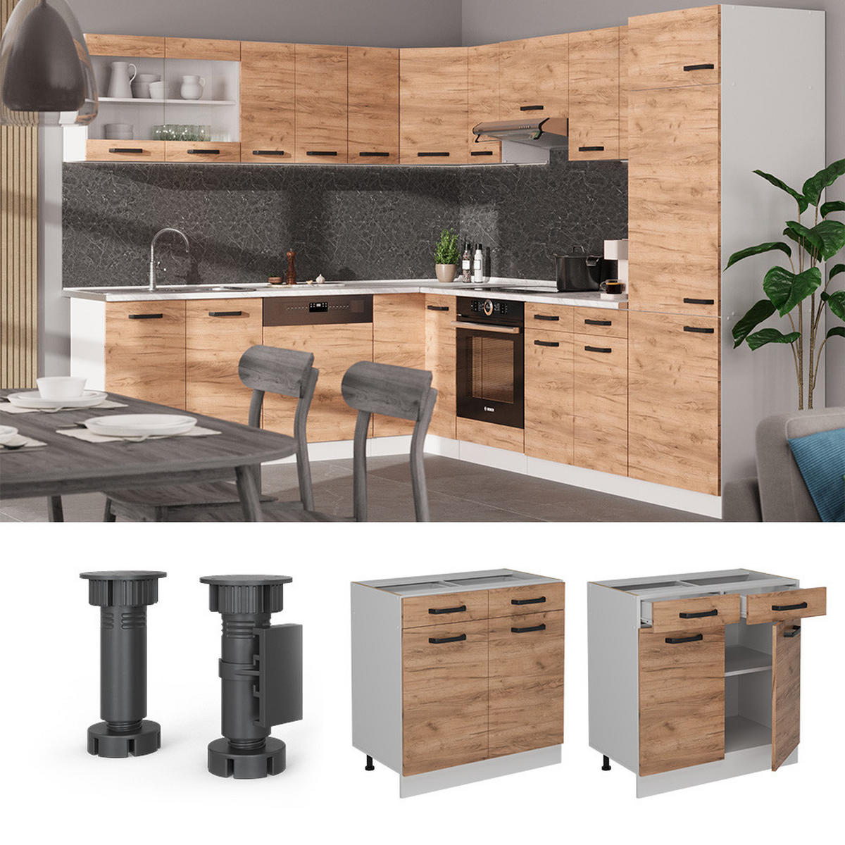 KÜCHENUNTERSCHRANK R-Line Goldkraft Eiche 80 cm AP Marmor - Honigeiche/Eiche Wotan, Holzwerkstoff (80/81.6/60cm) - Vicco