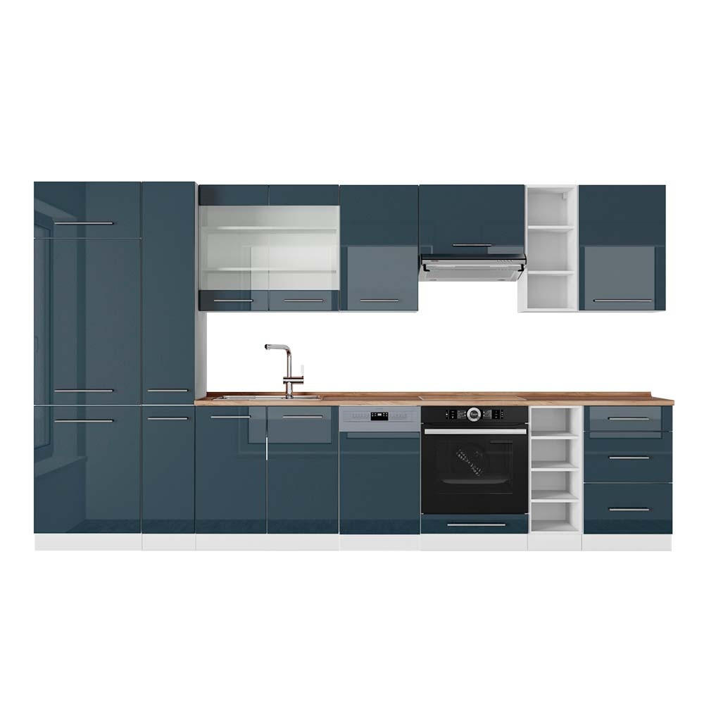 KUHINJSKI BLOK Fame-Line Temno modra visok sijaj/bela 355 cm , DP Hrast - bela/temno modra, leseni material (355/206.8/60cm) - Vicco