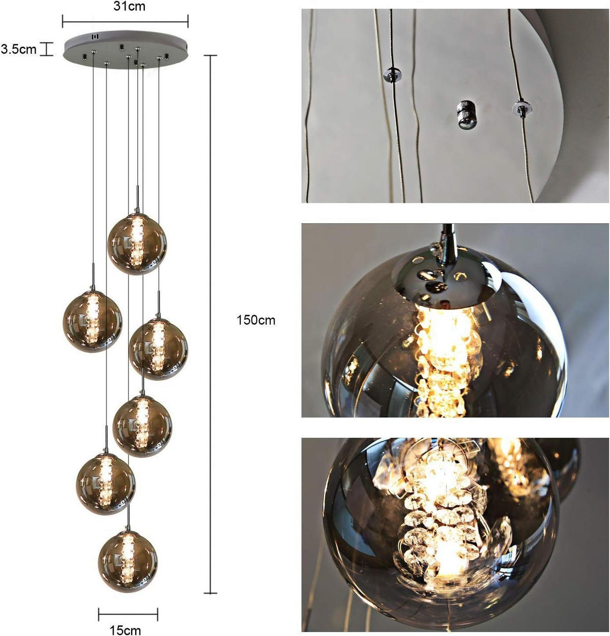 HÄNGELEUCHTE Energie 6-flammig 31/31/150 cm - Grau, Glas (31/31/150cm) - Nettlife