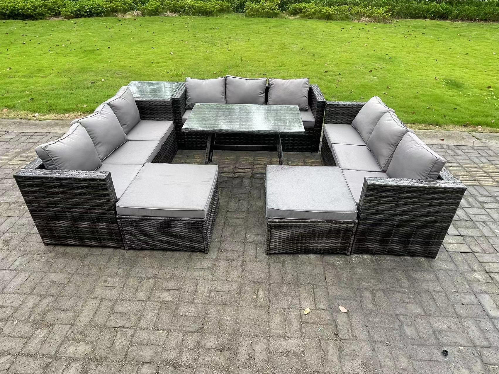 GARTENMÖBELSET mit Esstisch 11-Sitzer Grau - Dunkelgrau/Grau, Glas/Kunststoff - Fimous