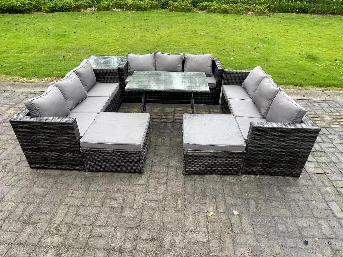 GARTENMÖBELSET mit Esstisch 11-Sitzer Grau - Dunkelgrau/Grau, Glas/Kunststoff - Fimous