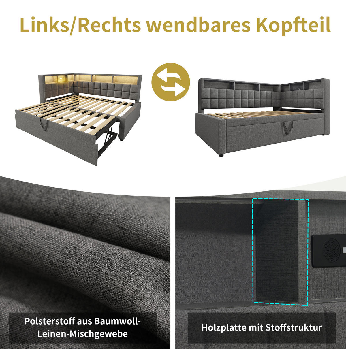 POLSTERBETT 90/180x200 cm in Grau mit LED-Beleuchtung und USB- und Type-C-Anschlüssen - Grau, Textil (90/200cm) - Flora Grace