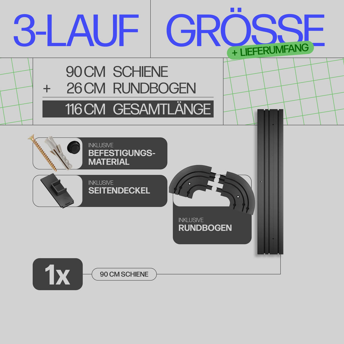 GARDINENSCHIENE inkl. Rundbögen 90cm 3-läufig - Schwarz, Kunststoff (10/1.8/90cm)