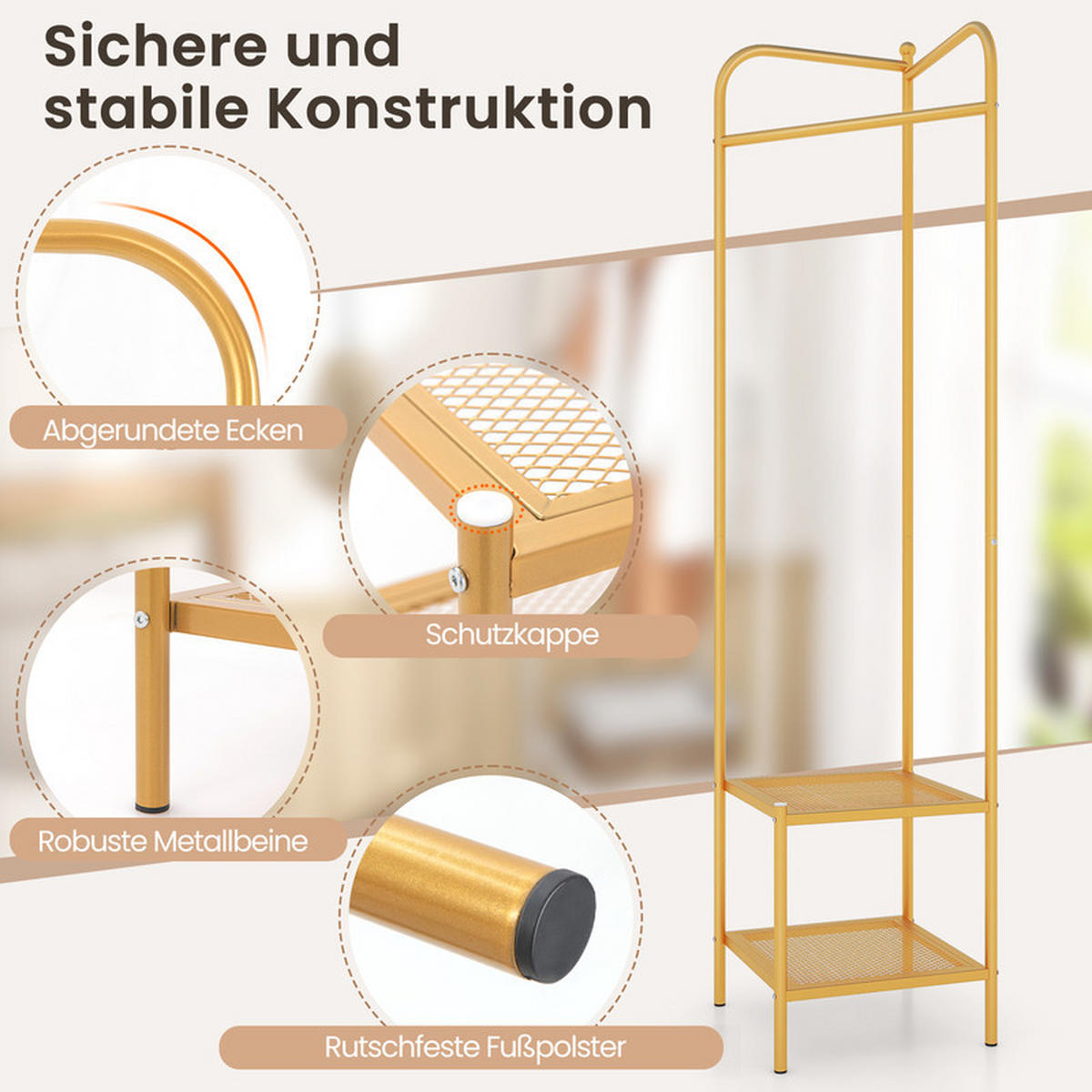 ECK-GARDEROBENSTÄNDER mit oberem Haken golden - Goldfarben, Metall (42.5/193.5/42.5cm) - COSTWAY