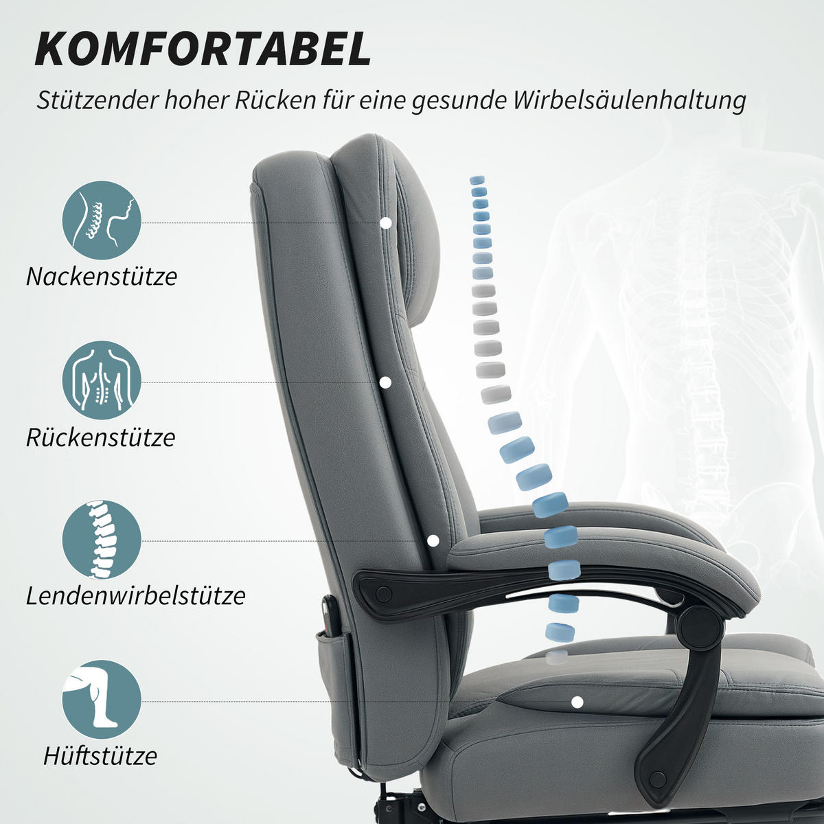 BÜROSTUHL mit Massagefunktion, Grau - Grau, Kunststoff (69/120/64cm) - HOMCOM
