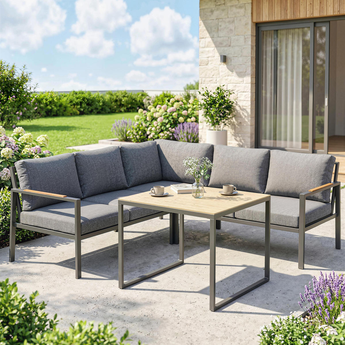 LOUNGEGARNITUR DE-13536 5-sitzig mit 2 Sofas & Tisch Dunkelgrau - Dunkelgrau, Metall - ComfortXL