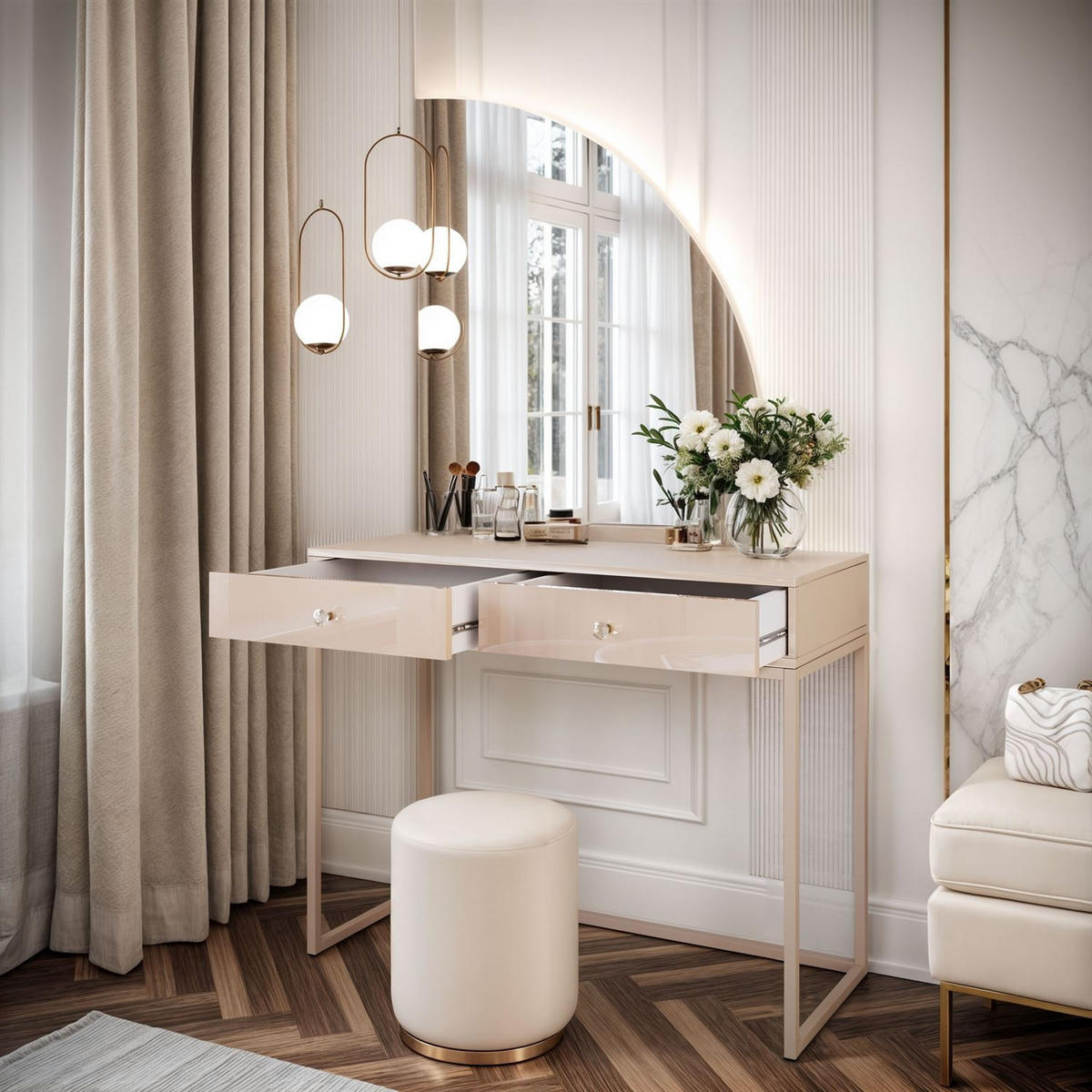 SCHMINKTISCH QUINNIE KASCHMIR mit LED-Spiegel rechts Griff Kristall - Kaschmir, Holzwerkstoff (100/175/42cm) - Lookway