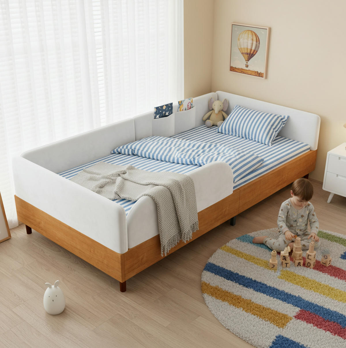 POLSTERBETT 90/200 cm Weiß/Natur aus Samt mit 2 Stautaschen - Naturfarben, Textil (90/200cm) - OKMYHOME