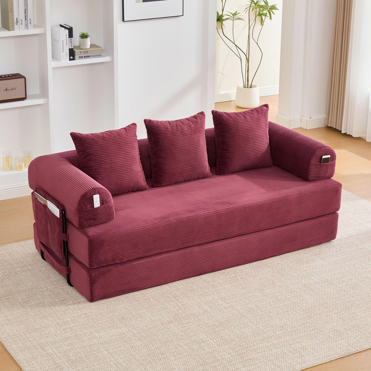 SCHLAFSOFA 200/94/67 cm Weinrot mit Seitentaschen plus und 3 Kissen - Weinrot, Textil (200/67/94cm) - Oxeza