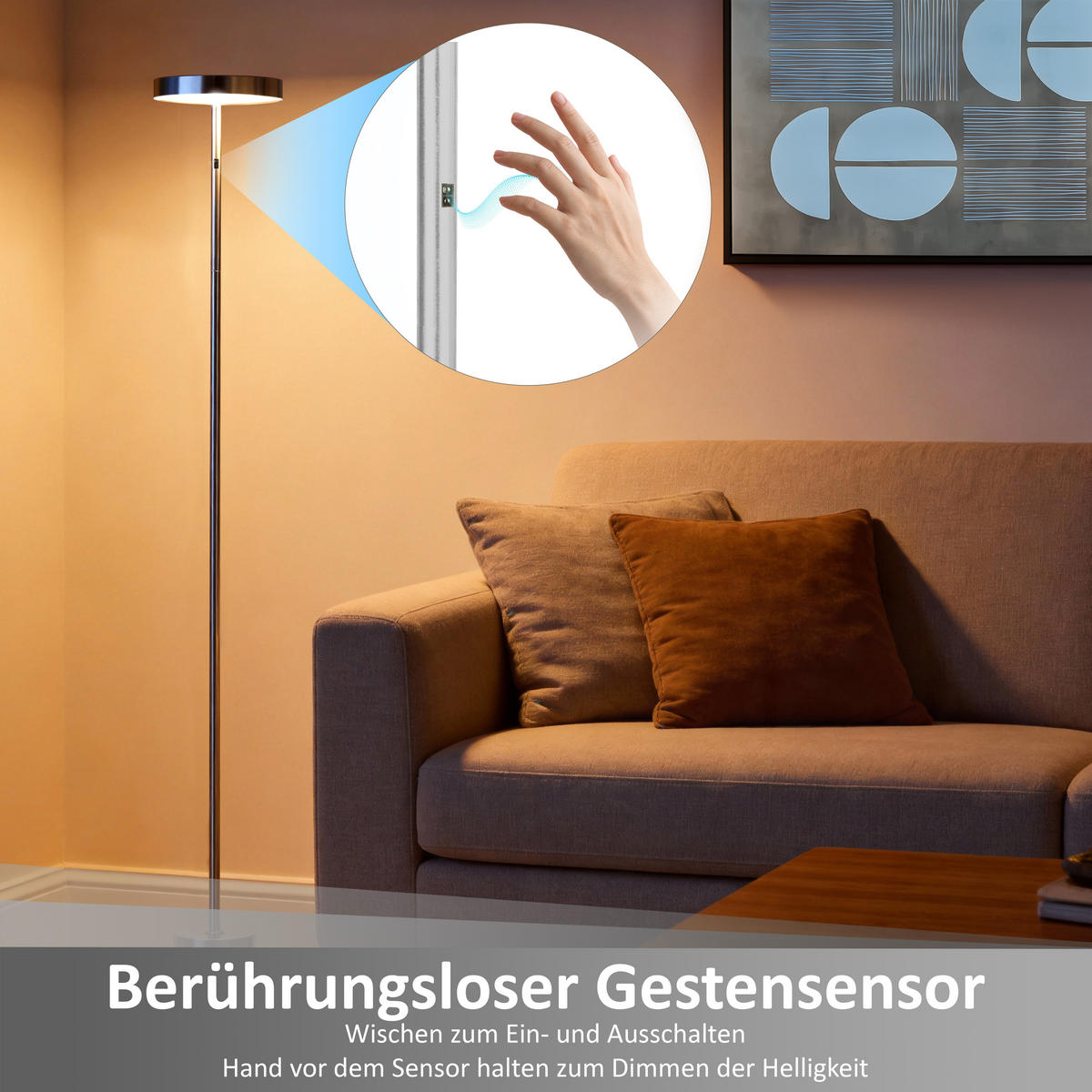 LED-STEHLEUCHTE Metall dimmbar Gestensteuerung warmweiß 3000K 700 Lumen modernes Design Wohnzimmer Schlafzimmer Höhe 140cm - Chromfarben, Metall (16/16/140cm) - Northpoint