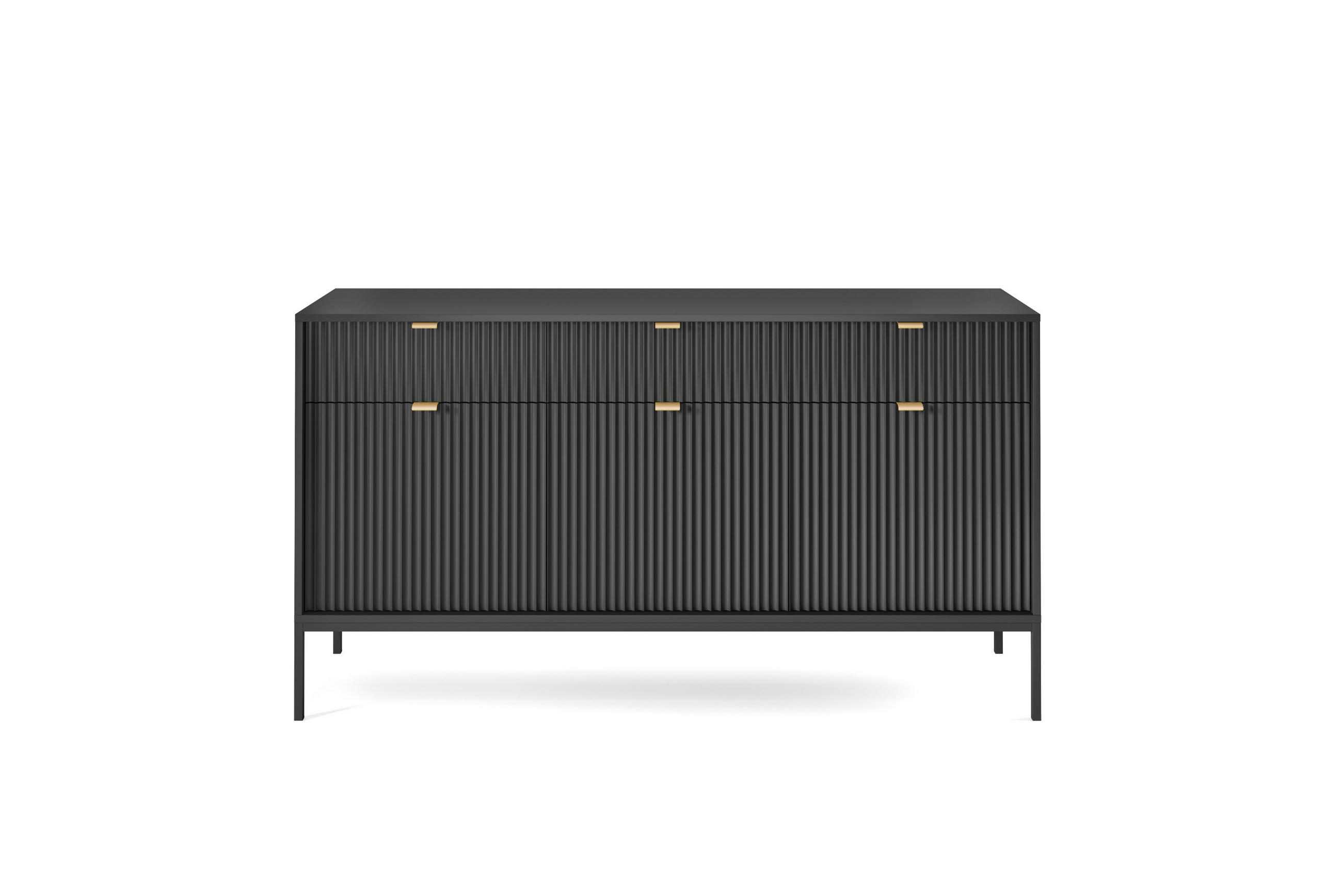 KOMMODE NOVA - KSZ154, Geriffelte Fronten, goldene Griffe 154x39x83 cm Schwarz - Schwarz, Holzwerkstoff/Kunststoff (154/83/39cm) - DomoHome