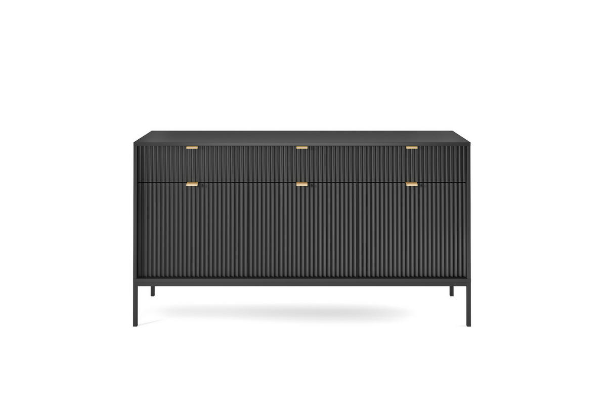 KOMMODE NOVA - KSZ154, Geriffelte Fronten, goldene Griffe 154x39x83 cm Schwarz - Schwarz, Holzwerkstoff/Kunststoff (154/83/39cm) - DomoHome