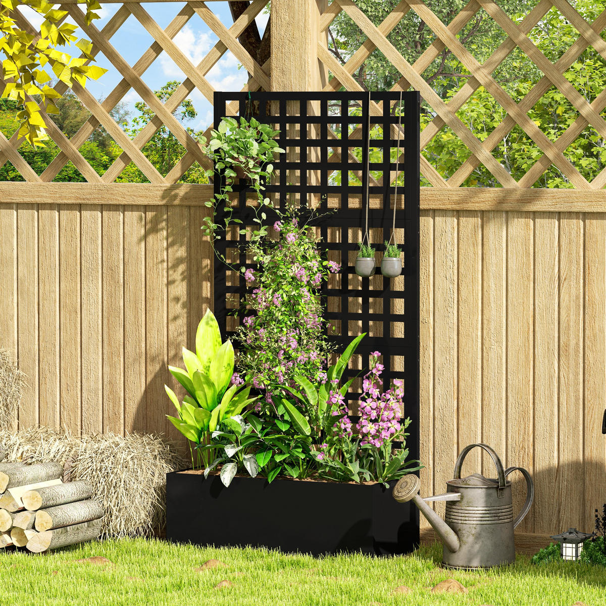 HOCHBEET DE-12190 mit Rankgitter 89/40/178 cm mit Drainage Schwarz - Schwarz, Metall (89/178/40.5cm) - ComfortXL