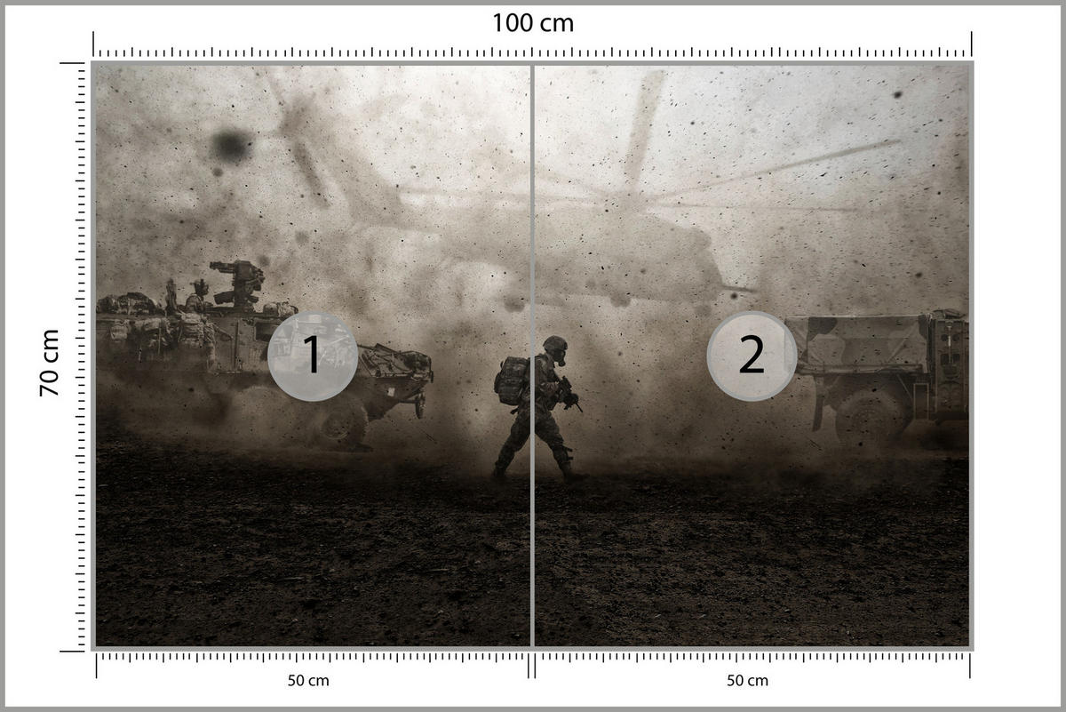 FOTOTAPETE für Jugendzimmer Wüste Militär Hubschrauber Panzer 100x70 - Beige/Schwarz, Papier (100/70cm) - Muralo
