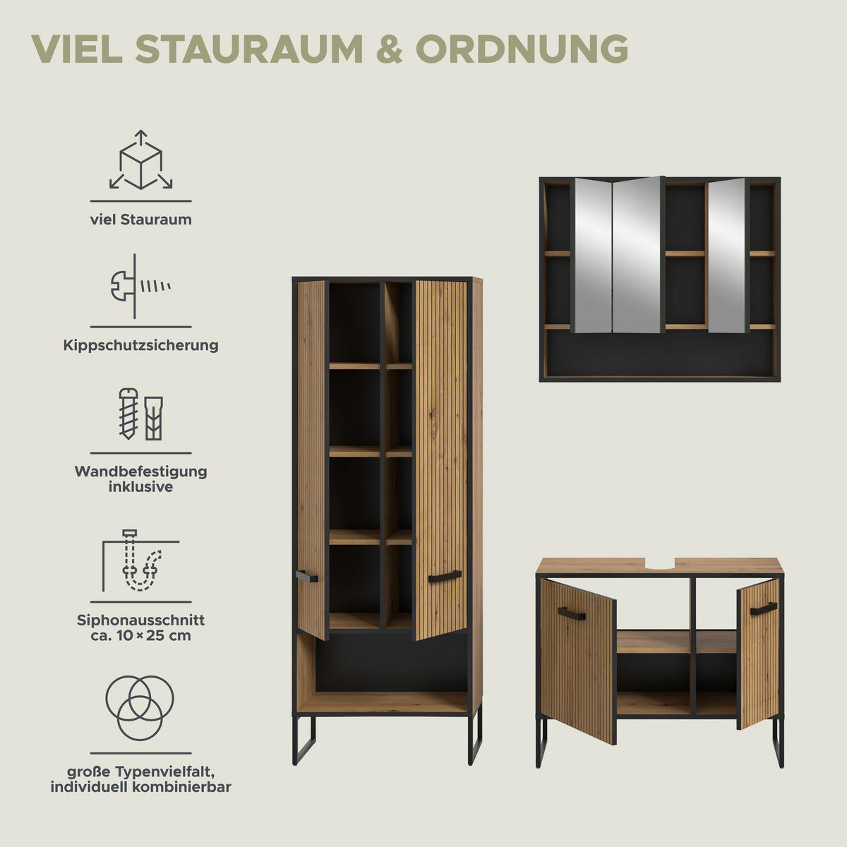 BAD-SET BAGNO 3-tlg. (B/H/T: ca. 154/192/36 cm) in Artisan Oak Nachbildung/Artisan Oak Nachbildung - Eiche Artisan, Holzwerkstoff (154/192/36cm)