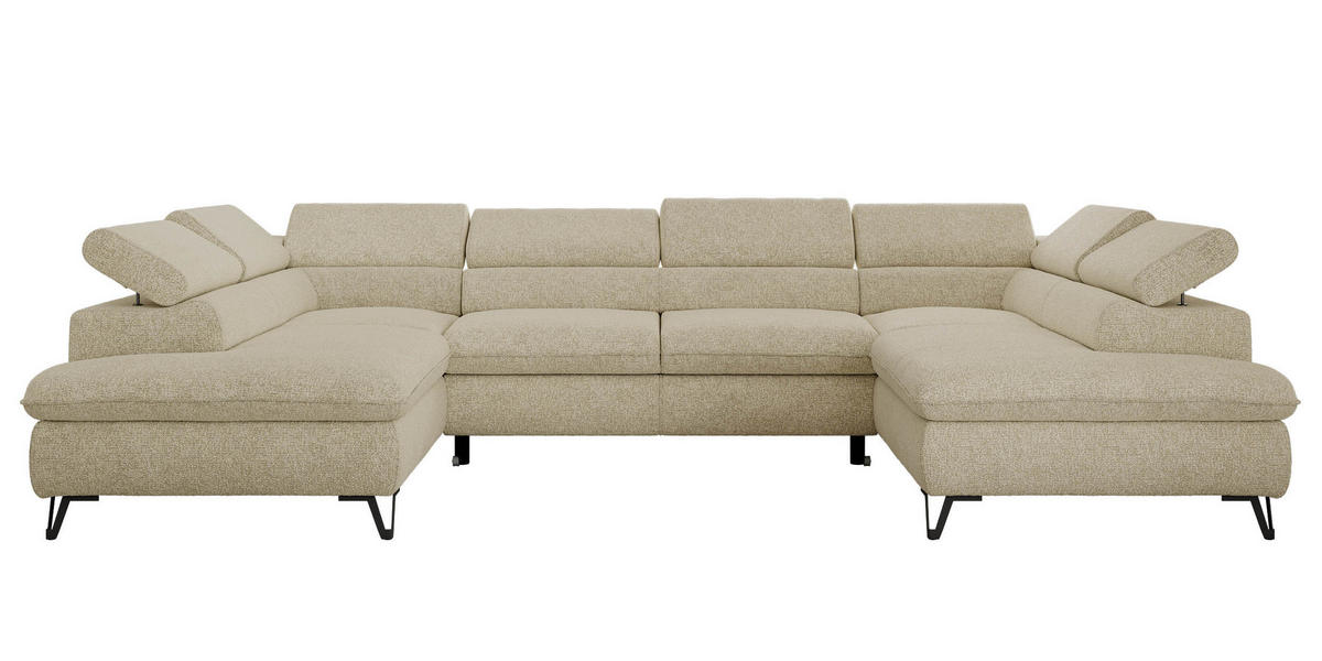 WOHNLANDSCHAFT PABLO U Strukture Creme mit Topper Visco - Creme/Schwarz, Textil/Metall (346/76/208cm) - MKS