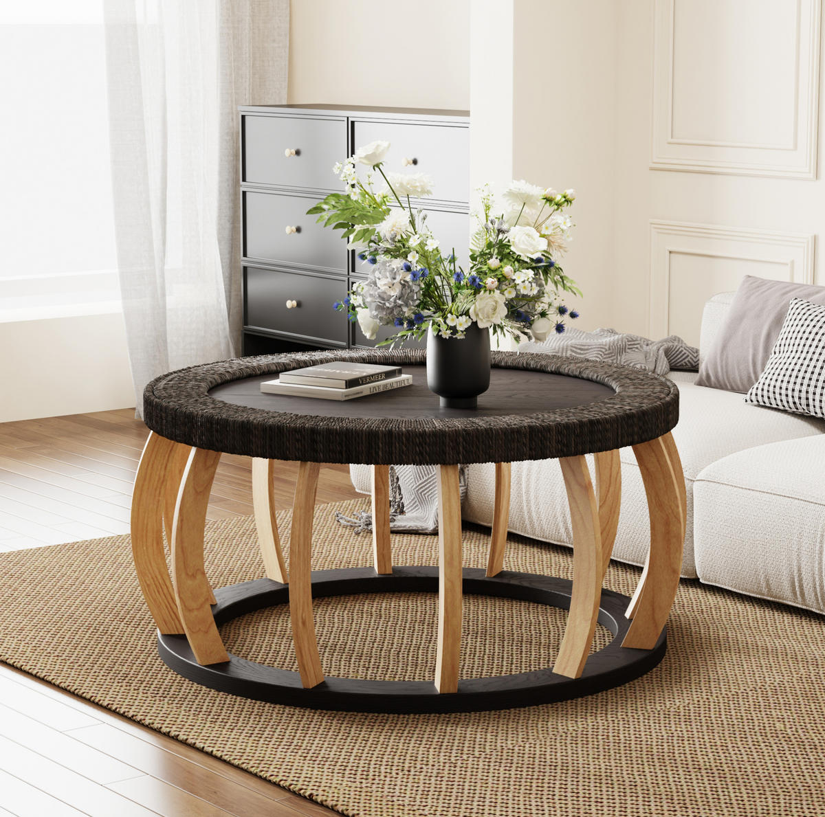 COUCHTISCH 90/90/43 cm in Schwarzbraun aus Massivholz und MDF mit Rundform - Schwarz, Holzwerkstoff (90/90/43cm) - OKMYHOME