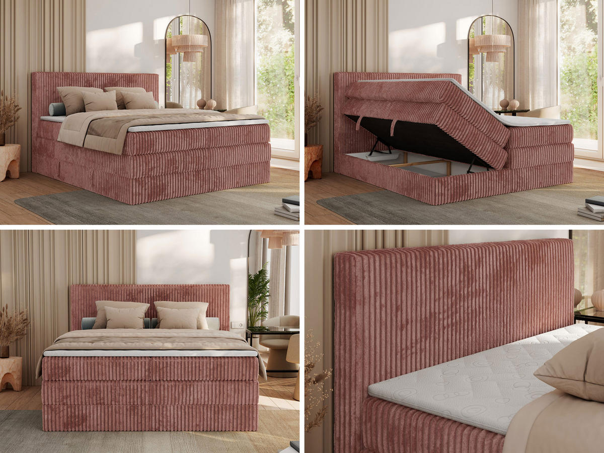BOXSPRINGBETT TILIANO KING - 140/200 - Rosa Cord - H3 - Rosa, Holz/Textil (140/200cm) - MKS